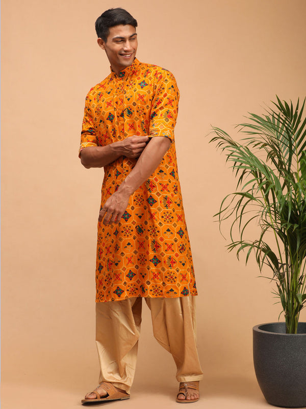 Jashvi Men's Yellow Printed Rayon Kurta With Patiala Set