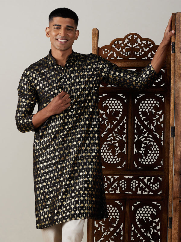 Jashvi Men's Black Foil Printed Kurta