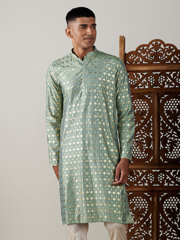 Jashvi Men's Light Green Foil Printed Kurta