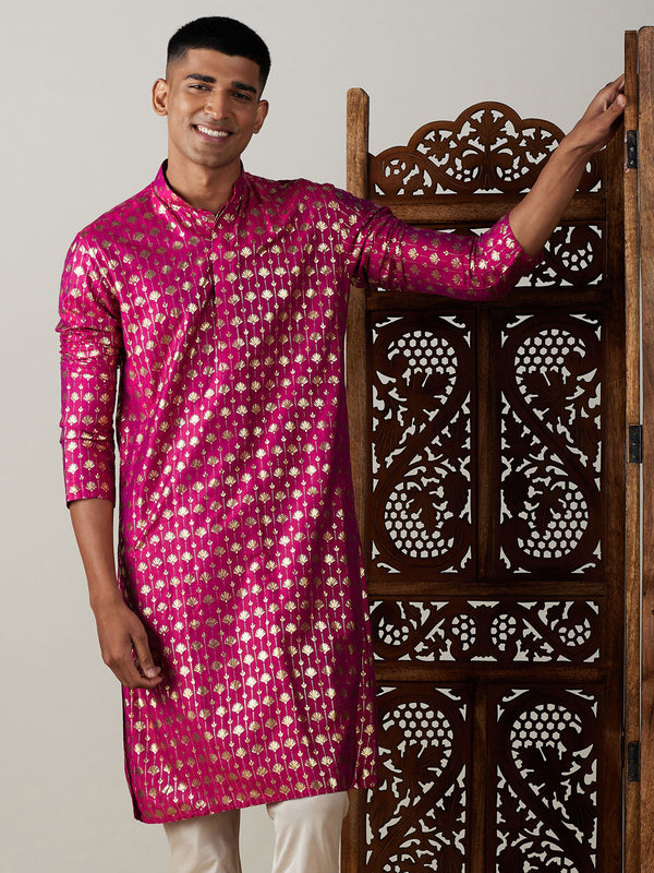 Jashvi Men's Dark Pink Foil Printed Kurta