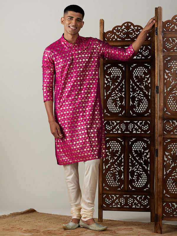 Jashvi Men's Dark Pink Foil Printed Kurta With Cream Pyjama Set