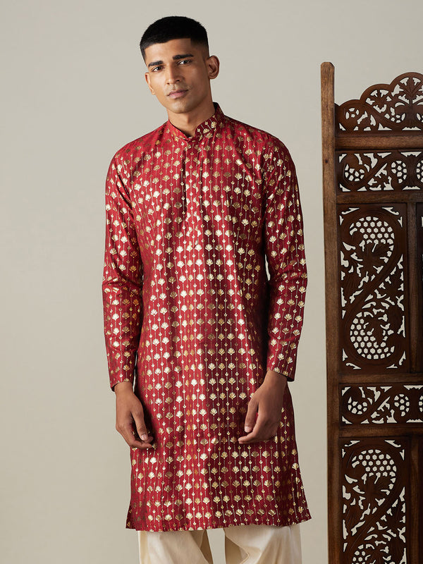 Jashvi Men's Maroon Foil Printed Kurta