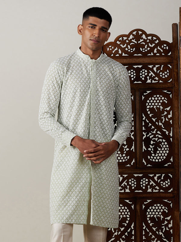 Jashvi Men's Green Chikankari Front Open Kurta