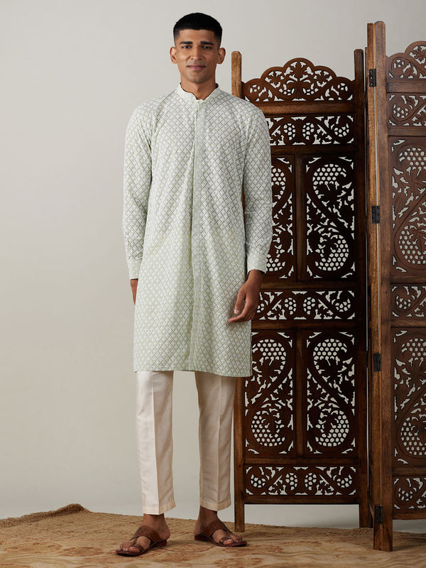 Jashvi Men's Green Chikankari Front Open Kurta With Pant Set