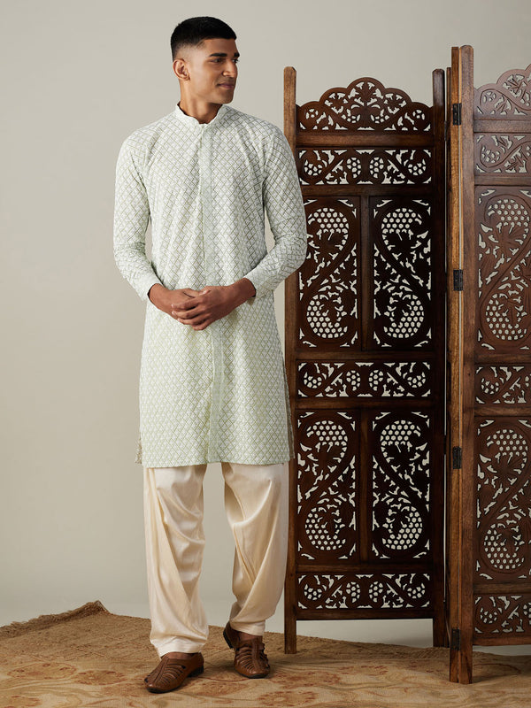 Jashvi Men's Green Chikankari Front Open Kurta With Patiala Set