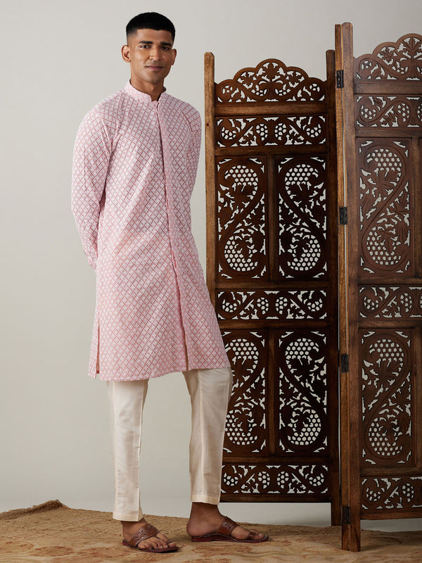 Jashvi Men's Pink Chikankari Front Open Kurta With Pant Set