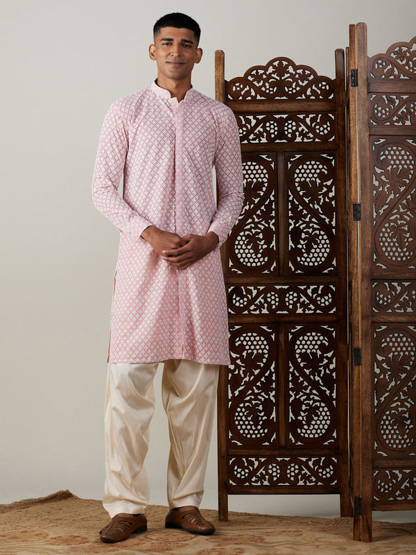 Jashvi Men's Pink Chikankari Front Open Kurta With Patiala Set