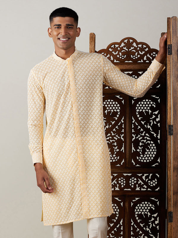 Jashvi Men's Yellow Chikankari Front Open Kurta