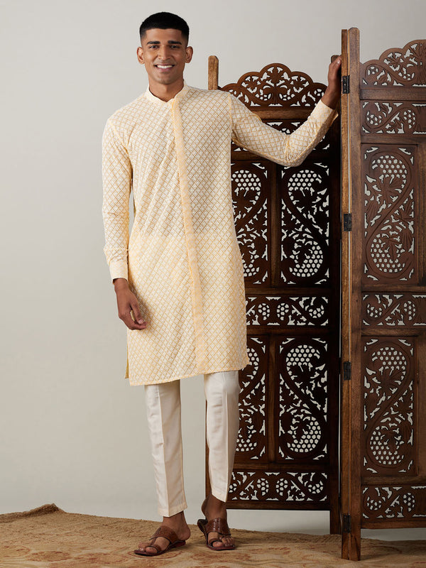 Jashvi Men's Yellow Chikankari Front Open Kurta With Pant Set