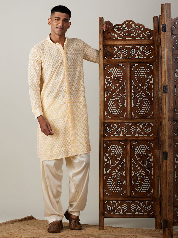 Jashvi Men's Yellow Chikankari Front Open Kurta WithPatiala Set