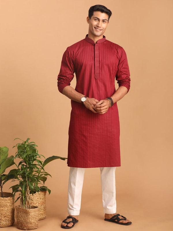 Jashvi Men's Maroon Cotton Blend Solid Kurta with White Pant Set