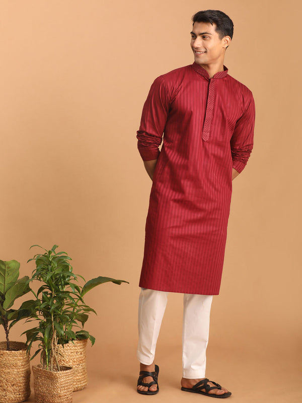 Jashvi Men's Maroon Cotton Blend Solid Kurta with White Pant Set