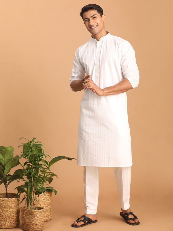 Jashvi Men's White Cotton Blend Solid Kurta with White Pant Set