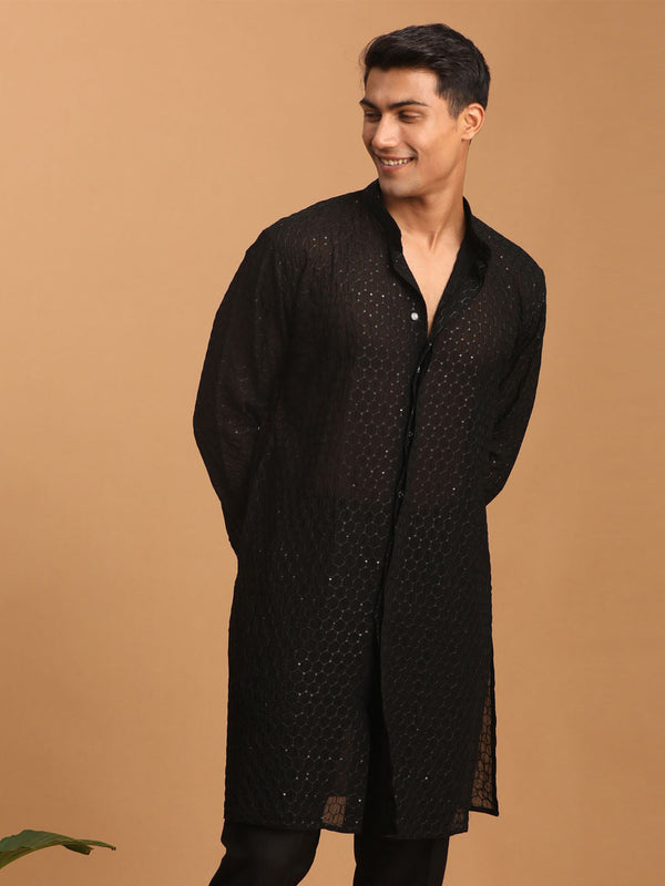 Jashvi Men's Black Sequined Front Open Georgette Kurta