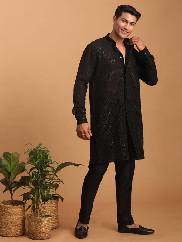 Jashvi Men's Black Sequined Front Open Georgette Kurta With Pant