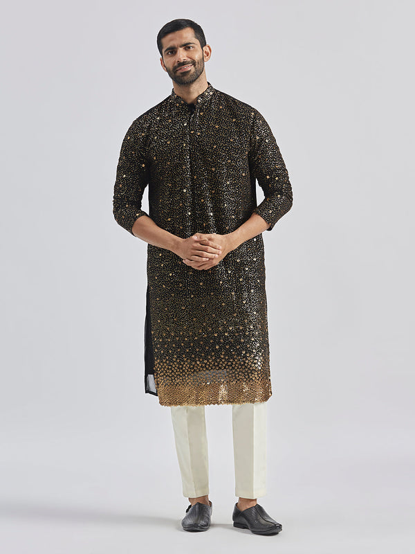 Jashvi Men's Black And Cream Georgette Kurta Pyjama Set