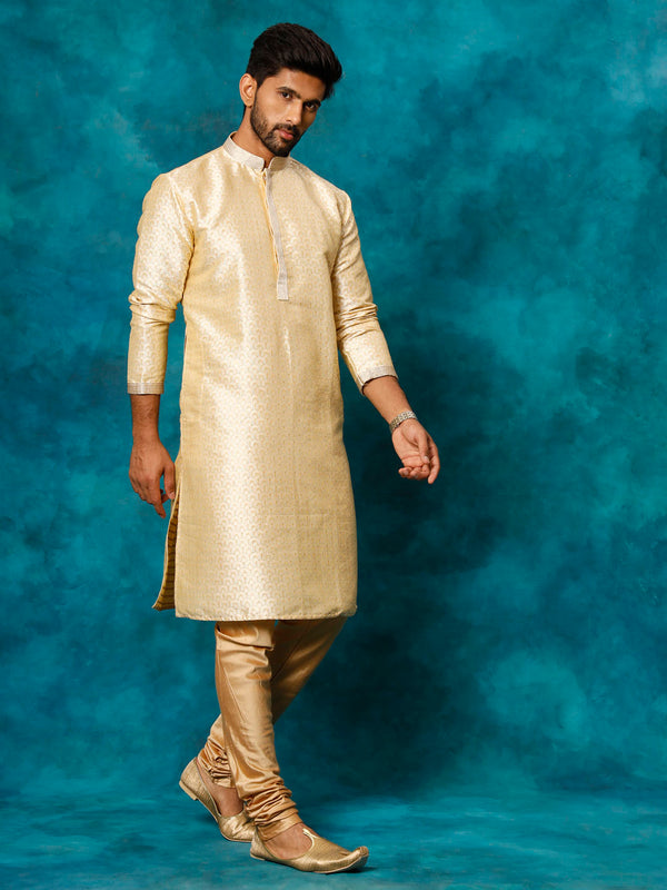 Jashvi Men's Gold jacquard Kurta With Pyjama Set