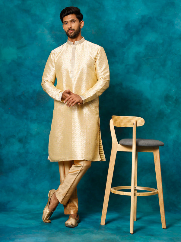 Jashvi Men's Beige jacquard Kurta With Pant Set