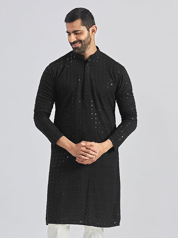 Jashvi Men's Black Rayon Cotton Kurta