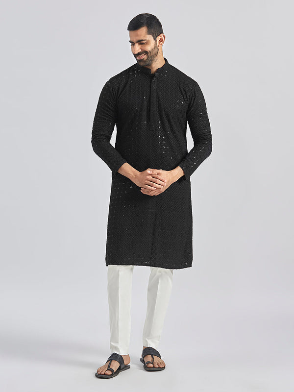 Jashvi Men's Black And White Rayon Cotton Kurta Pyjama Set