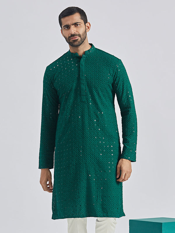 Jashvi Men's Green Rayon Cotton Kurta