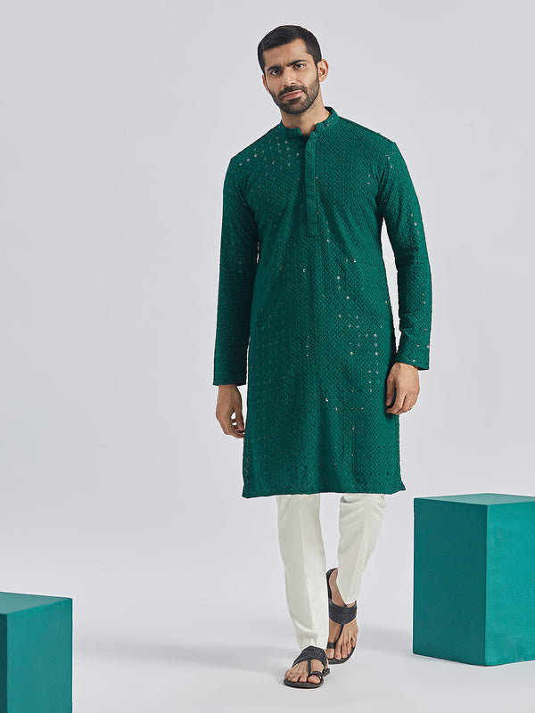 Jashvi Men's Green And White Rayon Cotton Kurta Pyjama Set