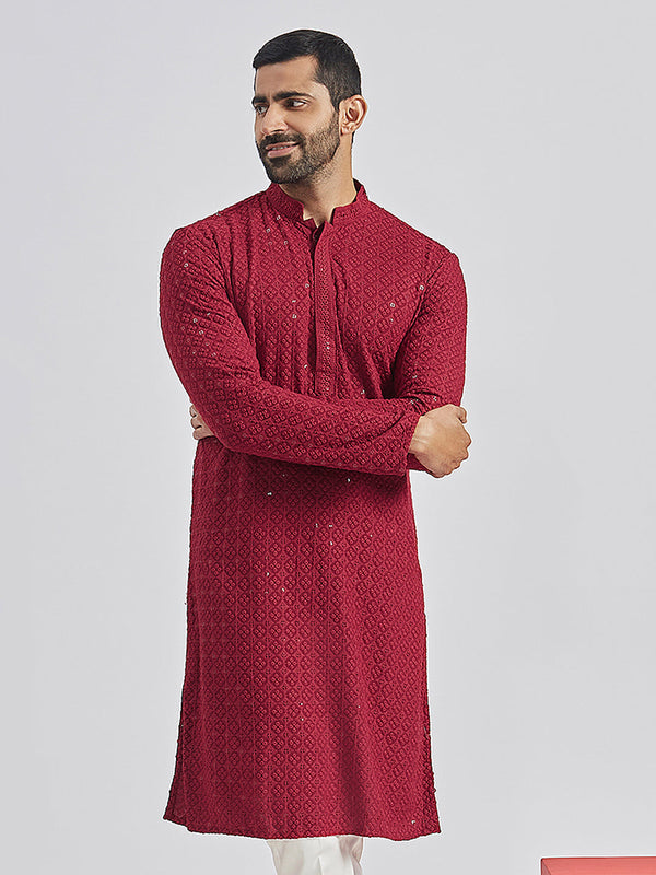 Jashvi Men's Maroon Rayon Cotton Kurta