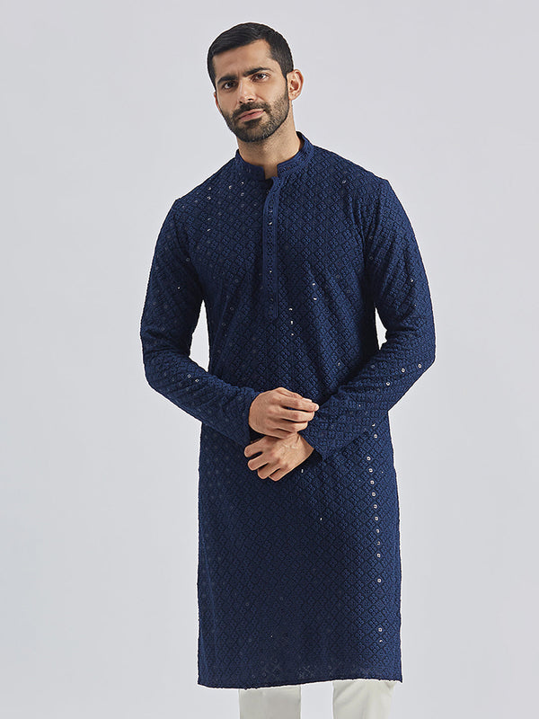 Jashvi Men's Navy Blue Rayon Cotton Kurta