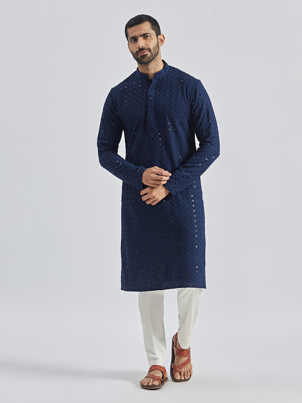 Jashvi Men's Navy Blue And White Rayon Cotton Kurta Pyjama Set