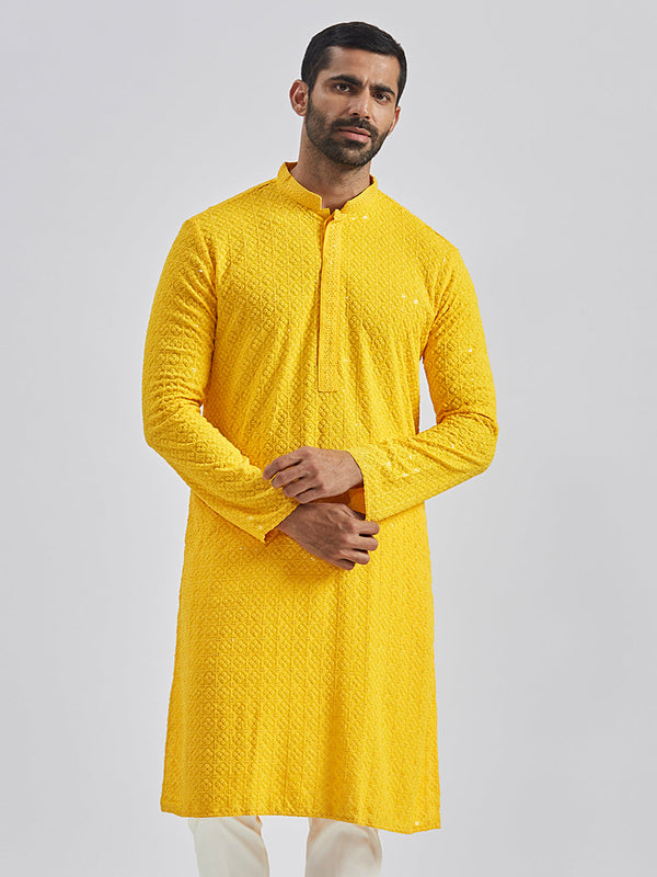 Jashvi Men's Yellow Rayon Cotton Kurta