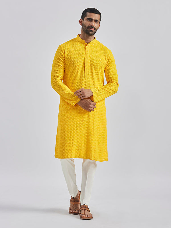 Jashvi Men's Yellow And White Rayon Cotton Kurta Pyjama Set