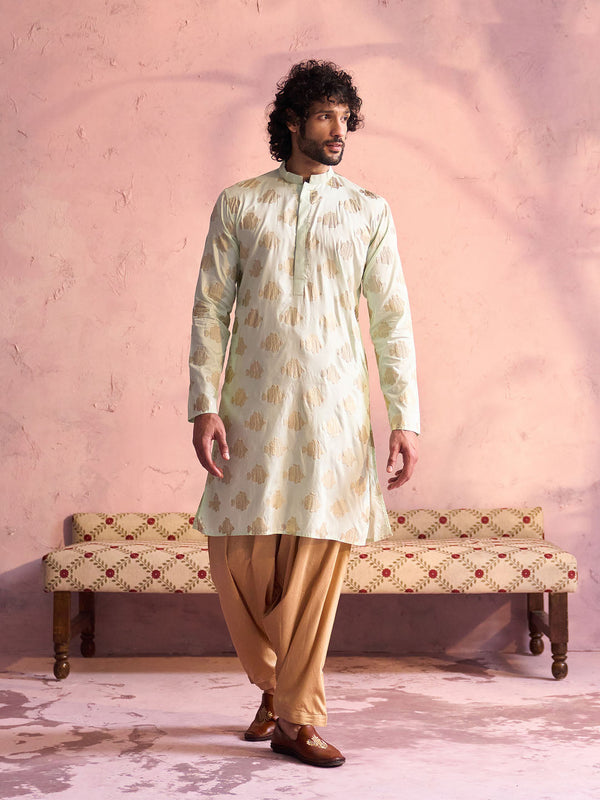 Jashvi Men's Mint Green Viscose Fish Motif Foil Print Kurta With Patiala Set