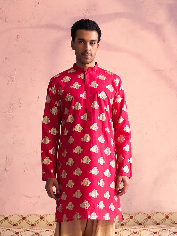 Jashvi Men's Rani Pink Viscose Fish Motif Foil Print Kurta