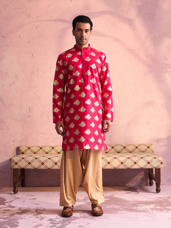 Jashvi Men's Rani Pink Viscose Fish Motif Foil Print Kurta With Patiala Set