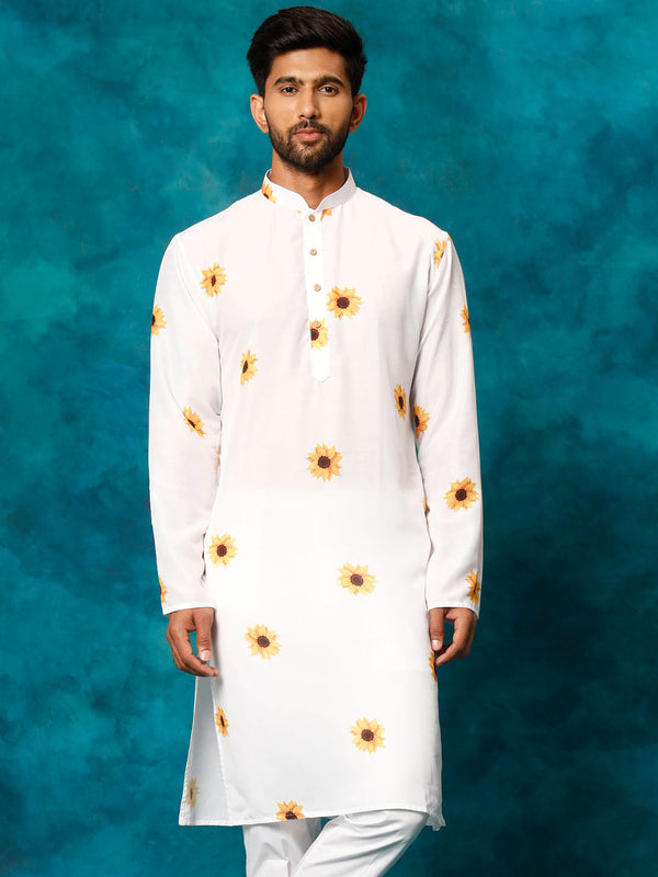 Jashvi Men's White Cotton Blend Sunflower Print Kurta