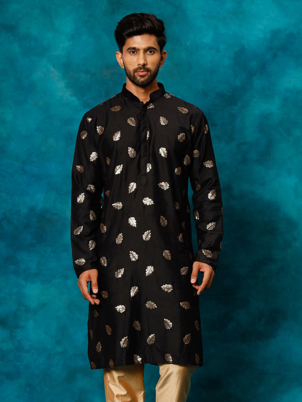 Jashvi Men's Black Leaf Motif Embellished Kurta