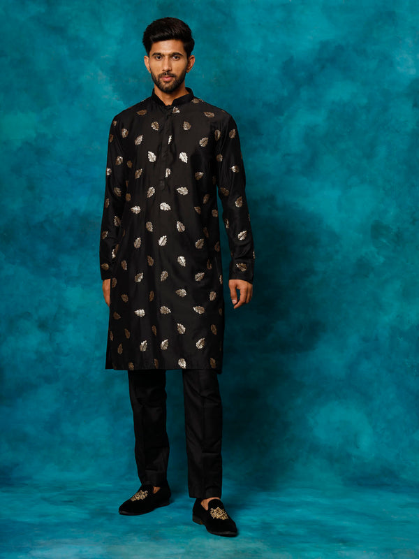 Jashvi Men's Black Leaf Motif Embellished Kurta Pant Set