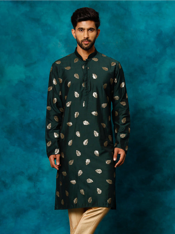 Jashvi Men's Green Leaf Motif Embellished Kurta