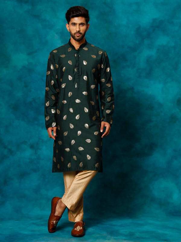 Jashvi Men's Green Leaf Motif Embellished Kurta Pant Set