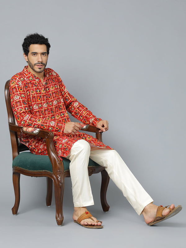 Jashvi Men's Red Patola Print Ethnic kurta Pyjama Set