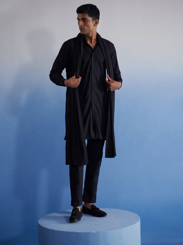 Jashvi Men's Black Net Front Open Kurta