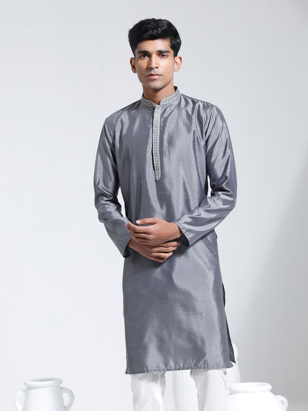 Jashvi Men's Gray Silk Blend Kurta