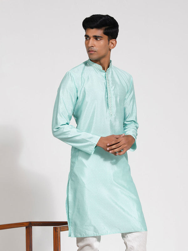 Jashvi Men's Mint Green Silk Blend Kurta