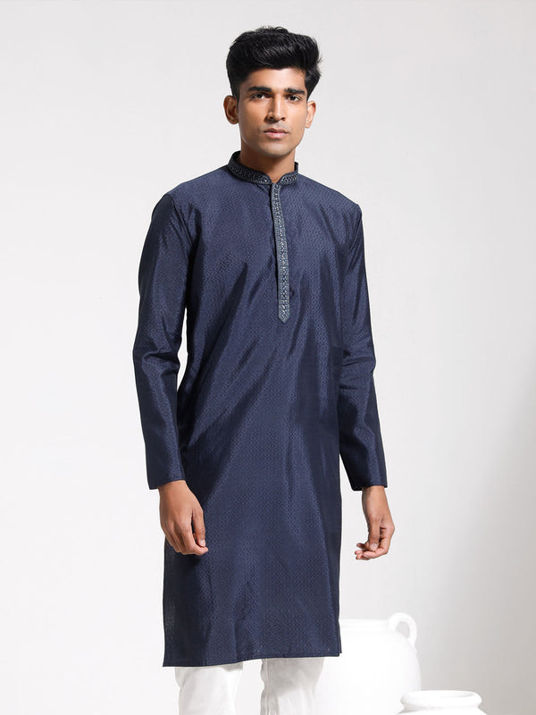 Jashvi Men's Navy Blue Silk Blend Kurta