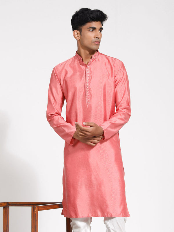 Jashvi Men's Pink Silk Blend Kurta