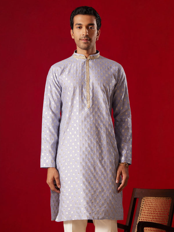 Jashvi Men's Aqua blue Silk Blend Jacquard Kurta