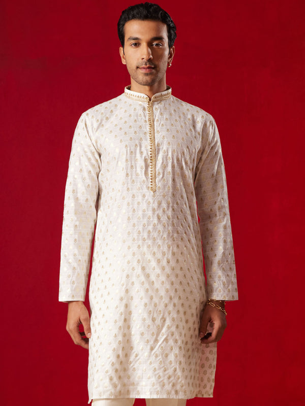 Jashvi Men's Cream Silk Blend Jacquard Kurta