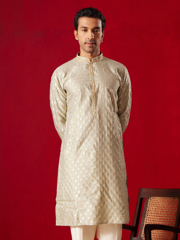 Jashvi Men's Green Silk Blend Jacquard Kurta