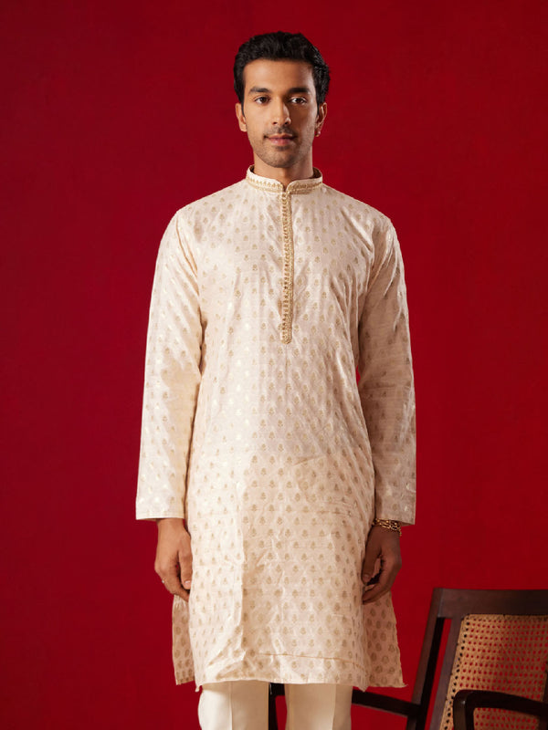 Jashvi Mens Peach Silk Blend Jacquard Kurta