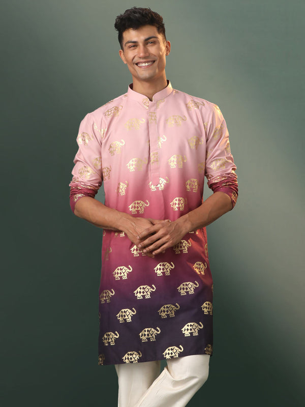 Jashvi Men's Ombre Elephant Motif Print Cotton Blend Kurta